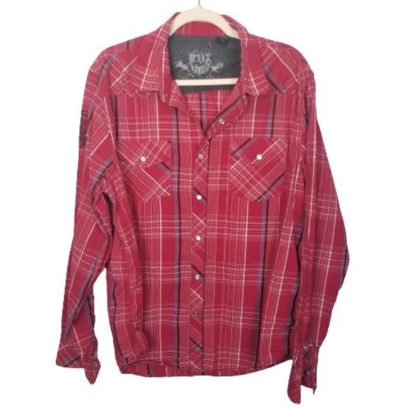Fox Head Men's XL Red Plaid Long Sleeve Pearl Snap Front Western Shirt Collared - Picture 1 of 9